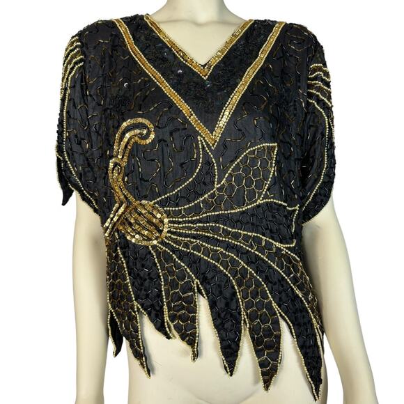 NWT Stunning Vintage silk sequenced beaded black, gold top, skirt set size large - Picture 11 of 17